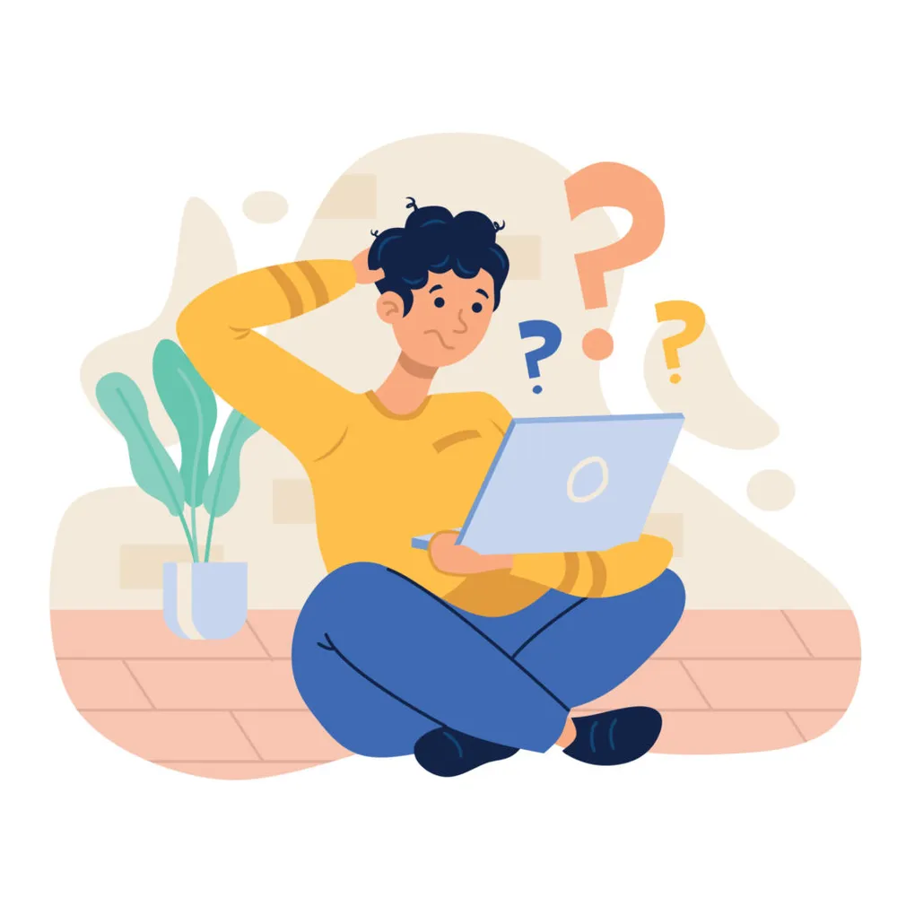 Ilustração de um rapaz com dúvidas diante do notebook: como organizar a semana de estudos